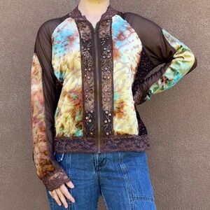 🦞3/$30🦞 Piano | Beaded Sequin Velvet Tie-Dye Patchwork Mesh Zip-Up Jacket Blouse